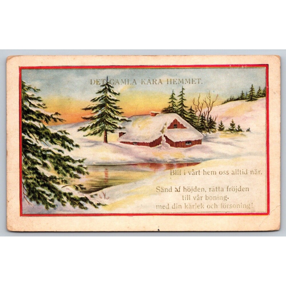 Vtg Swedish Language Postcard Winter Cottage Det Gamla Kara Hemmet Whitney Made